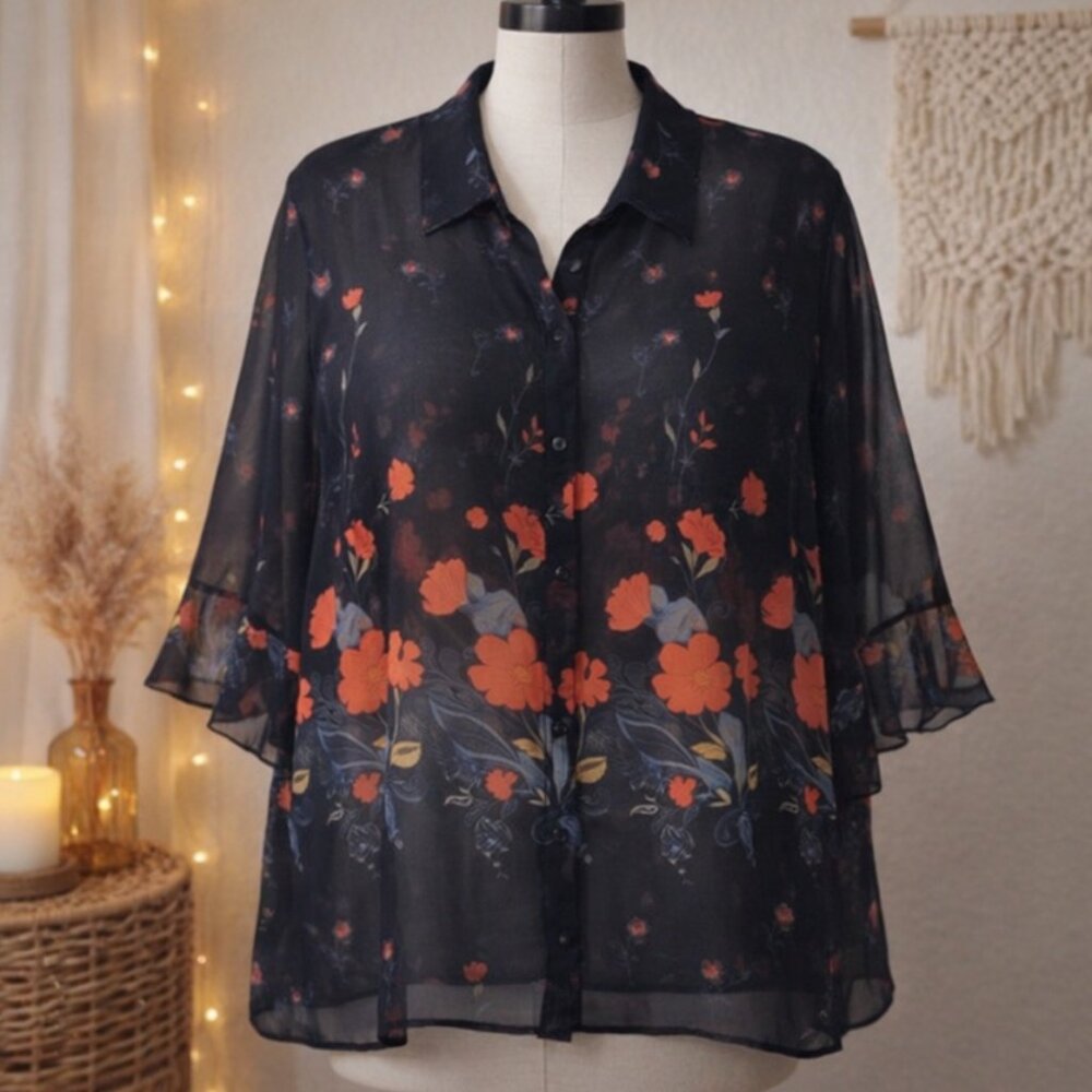 Floral Sheer Button-Up Blouse XL Cottagecore Dark Romantic Whimsigoth Feminine